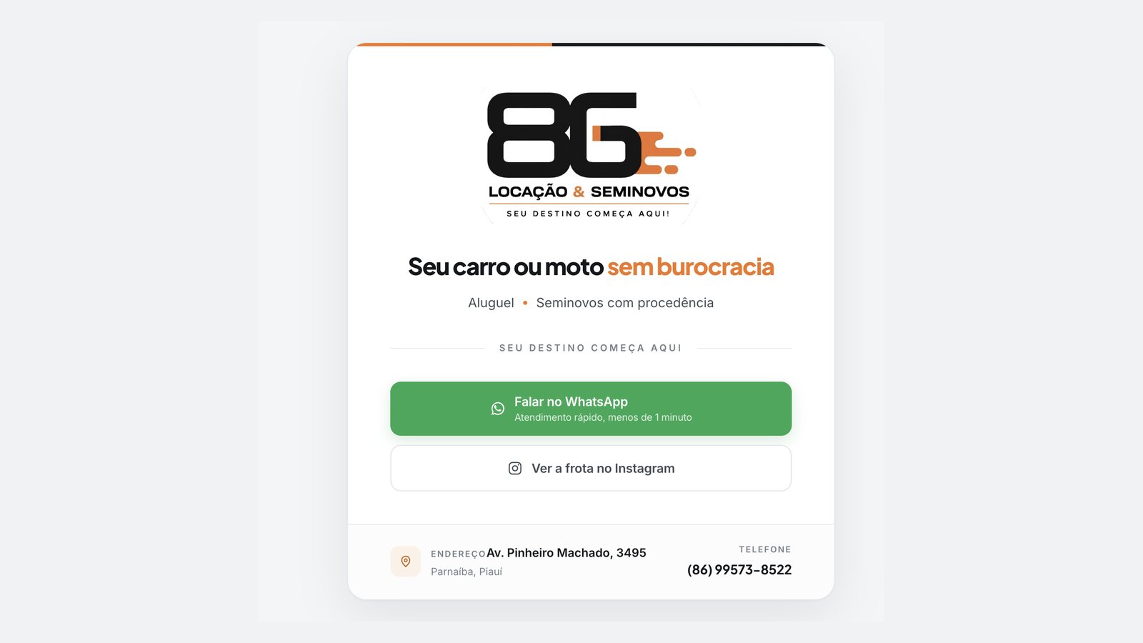 Página inicial do site 86 Locação & Seminovos